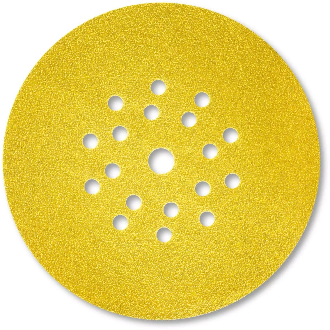 Yellow sanding disc with multiple holes on a white background