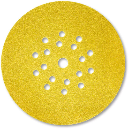 Yellow sanding disc with multiple holes on a white background